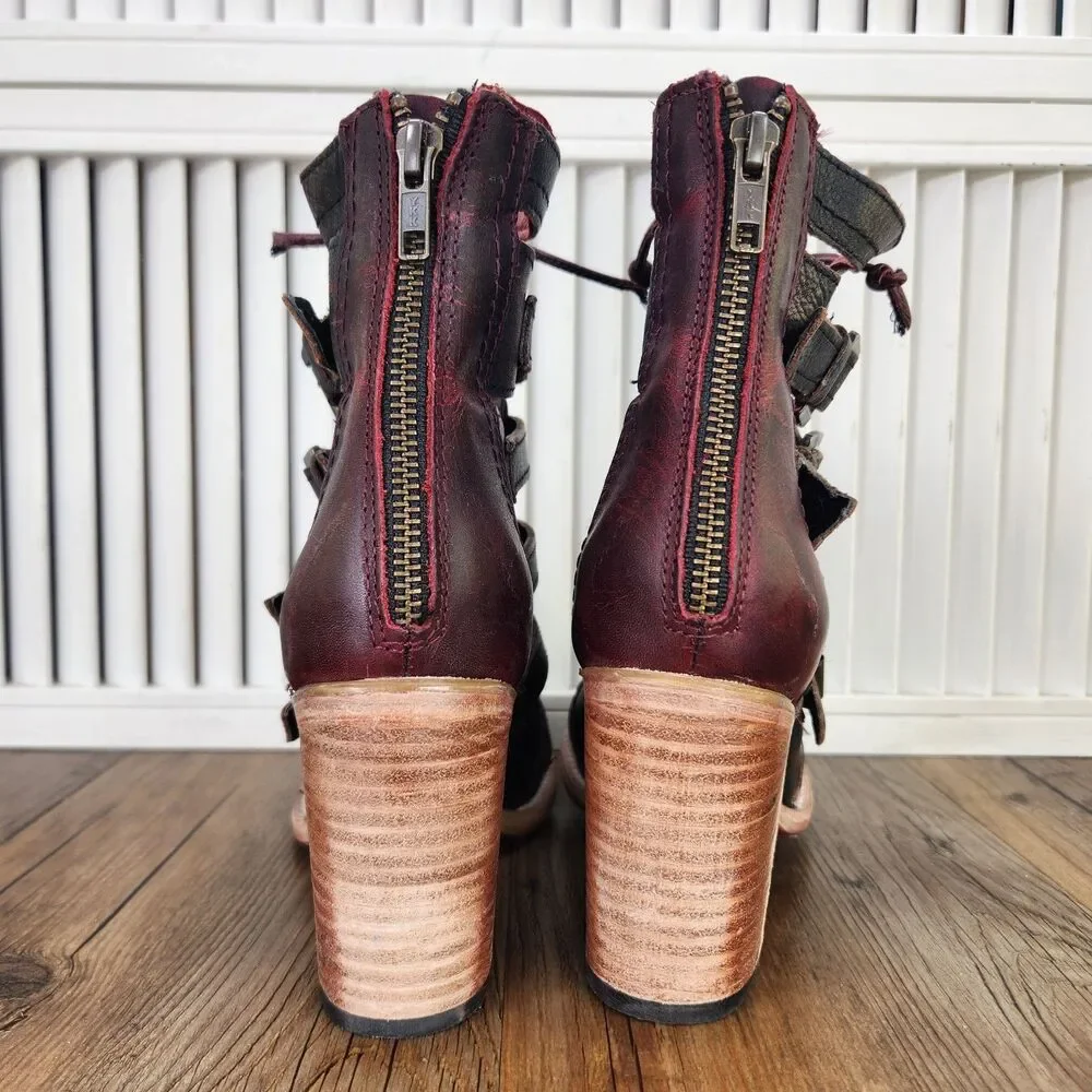 Freebird Braeden Heeled Sandal Booties Womens Sz 9 Black Red Buckle Strap Shoes